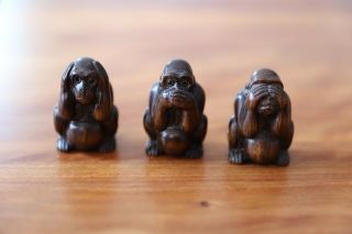 Hand Carved Japanese Boxwood Netsuke Three Wise Monkeys Natural Dark Wood Color