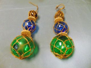 Pair Vintage 2 " 3 " 4 " Triple Glass Fishing Floats Buoy In Net Blue Green Amber