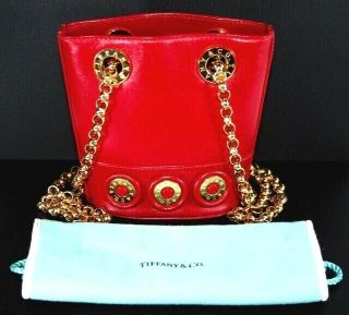 Vintage Tiffany & Co Red Leather W/gold Logo Hdw Chain Strap Mini Bag