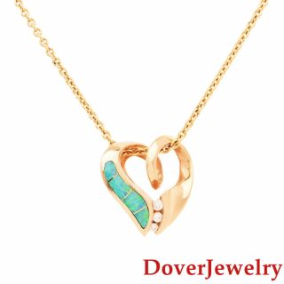 Estate Diamond Opal 14k Yellow Gold Inlay Heart Pendant Nr
