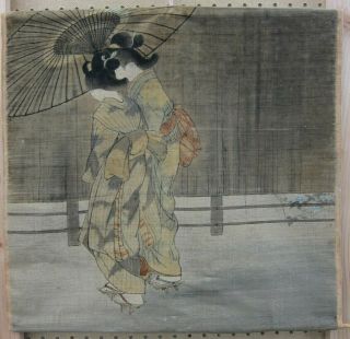 Antique C.  1920s/30s Japanese Geisha Ink & Pigment Velvet Scroll Painting 20x21