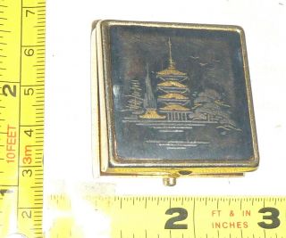 Old Japanese Metal Pill Box Inlaid Gold & Silver Pagoda Design - Signed Amita