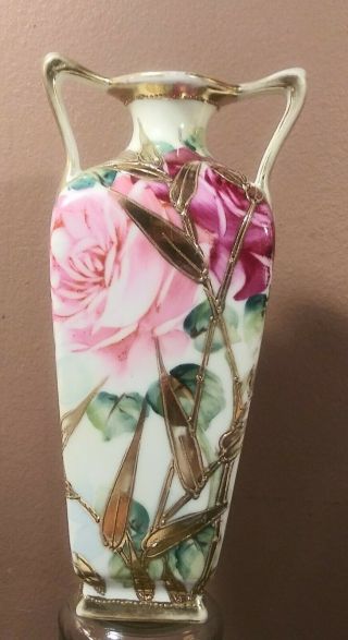 Antique Nippon Vase Red & Pink Roses W/ Gold Bamboo 7 " Tall White Porcelain Hp