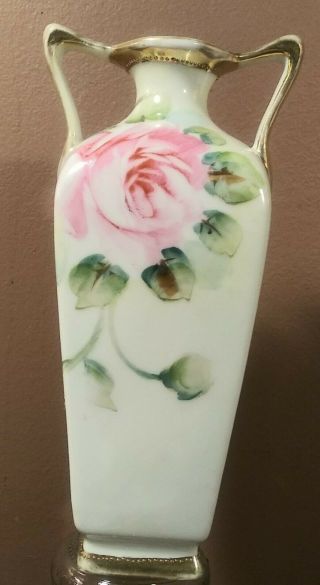 Antique Nippon Vase Red & Pink Roses w/ Gold Bamboo 7 