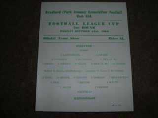 Rare Bradford Park Avenue V Birmingham City League Cup 2nd Round 31st Oct 1960