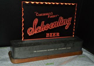 Rare Vintage Cincinnati ' s Finest Schoenling Beer Light Up Etched Glass Bar Sign 2