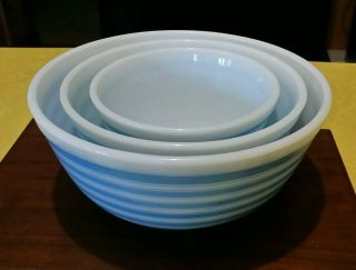 HTF Vintage Pyrex Blue Stripes Mixing Bowl Set Complete Set 2