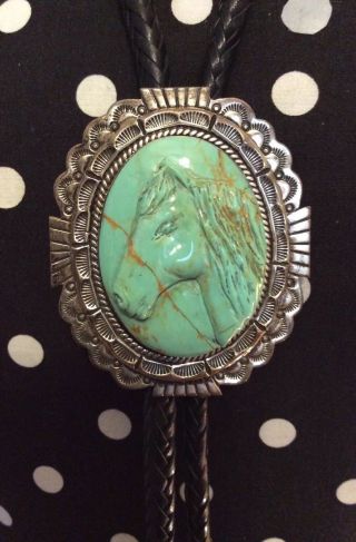Large Carved Signed Je Turquoise Horse Head Sterling Silver Bolo Tie Vintage