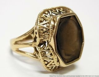 Heavy 14k Gold Smoky Quartz Ring Carved Greco Roman Intaglio Cameo Midcentury 4