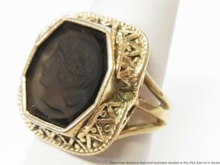 Heavy 14k Gold Smoky Quartz Ring Carved Greco Roman Intaglio Cameo Midcentury 8