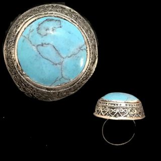 Rare Ancient Bedouin Decorative Silver Ring With Turquoise Stone 300 Bc