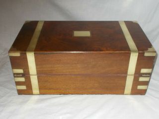 LARGE ANTIQUE VICTORIAN WALNUT & BRASS MILITARY CAMPAIGN STYLE WRITING SLOPE BOX 11