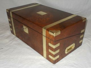 Large Antique Victorian Walnut & Brass Military Campaign Style Writing Slope Box