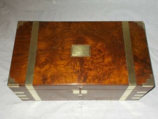 LARGE ANTIQUE VICTORIAN WALNUT & BRASS MILITARY CAMPAIGN STYLE WRITING SLOPE BOX 4