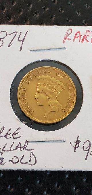 Rare 1874 Indian Princess Three Dollar $3 Gold Coin