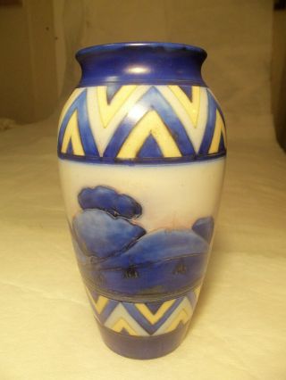 Rare 1920s William Moorcroft Pottery Dawn Landscape Vase W/ Chevron Borders