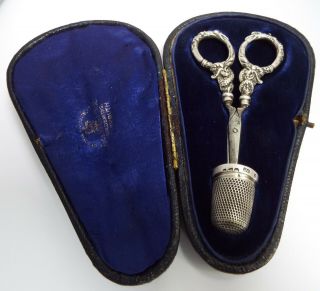 Lovely Cased English Antique 1896 Sterling Silver Sewing Scissors & Thimble Set