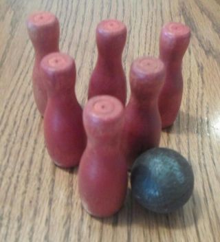 Vintage Bowling Pin And Ball Wooden Toys Set Of 7
