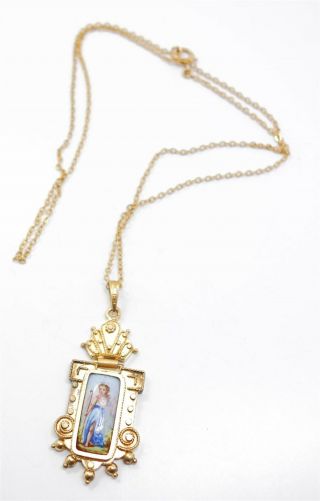 Antique 19c Etruscan Revival Enamel Goddess Portrait Solid Gold Pendant Necklace