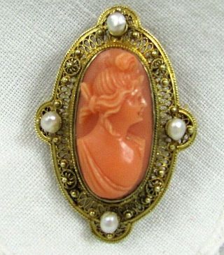 Antique 14k Gold Carved Coral Cameo Brooch Pin Pendant Combo Filigree & Pearl