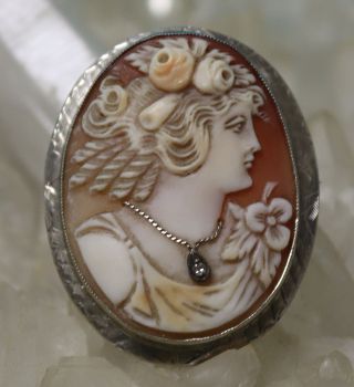 Vtg Estate 14k White Gold & Diamond Carved Cameo Brooch Intricate Detail Wow