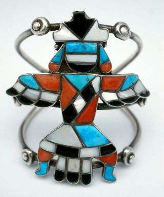 Vintage Zuni Inlay Bracelet Knifewing Sterling Silver Turquoise Multi - Stone 3 "