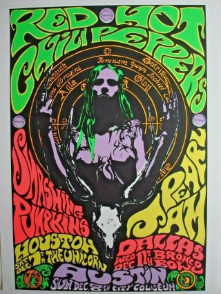 Rare Pearl Jam 1991 Concert Poster,  Kozic,  Unicorn Texas.  Chili Peppers Pumkins