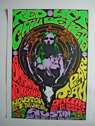 Rare Pearl Jam 1991 concert poster,  Kozic,  Unicorn Texas.  Chili Peppers Pumkins 2