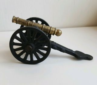 Vintage Cast Iron And Brass Cannon Toy Moving Wheels