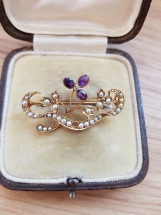 Antique Victorian Seed Pearl & Amethyst Brooch In Antique Jewellery Box