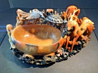 Antique Chinese Carved Soapstone Brush Washer / Water Pot With Deer & Crane.