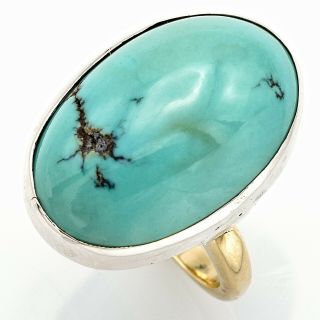 Vintage 14k White & Yellow Gold 12.  89 Carats Turquoise Cabochon Ring 6 Grams