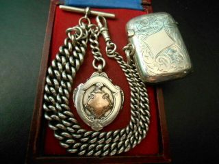 Antique Solid Silver Double Albert Chain Vesta Case & Fob Not Scrap 75.  9gm