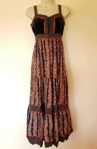 Vtg 70s Jessica Gunne Sax Long Corset Floral Prairie Boho Summer Velvet Dress