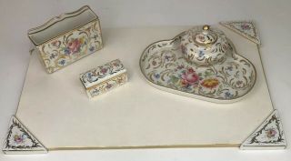 Vintage Hand Painted Amoges Set Of 5 Porcelain Stationary Desk Set Ink Blotter