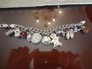Vintage Sterling Silver Double Link Charm Bracelet With 12 Cool Charms - - 925 - -