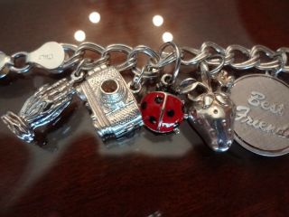VINTAGE STERLING SILVER DOUBLE LINK CHARM BRACELET WITH 12 COOL CHARMS - - 925 - - 2