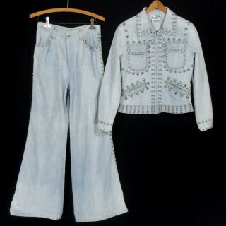 Vtg 70s Roncelli Studded Faded Denim Jean Jacket Bell Bottom Pant Suit Set S 27