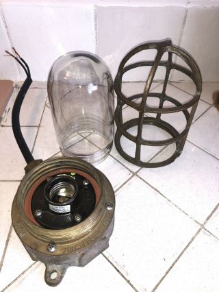 Vintage Pauluhn Industrial Brass Caged Light Fixture / Nautical Marine Light 7