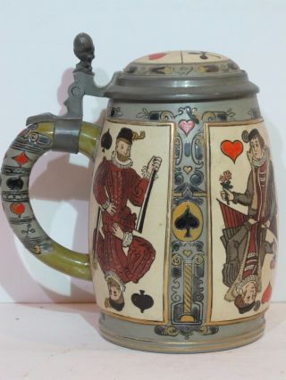Antique Mettlach 1/2l Etched German Beer Stein " Playing Cards " 2093 Inlay Lid