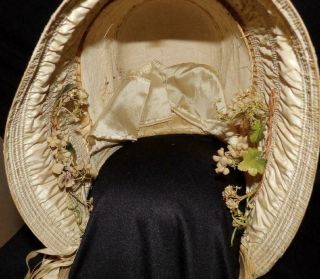 ORIG ANTIQUE 1850 1860 CIVIL WAR BRIDAL DRESS GOWN BONNET HAT W FLOWERS 11