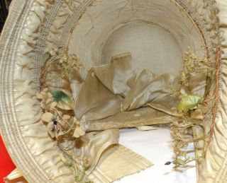 ORIG ANTIQUE 1850 1860 CIVIL WAR BRIDAL DRESS GOWN BONNET HAT W FLOWERS 12