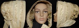 Orig Antique 1850 1860 Civil War Bridal Dress Gown Bonnet Hat W Flowers