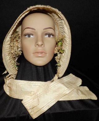 ORIG ANTIQUE 1850 1860 CIVIL WAR BRIDAL DRESS GOWN BONNET HAT W FLOWERS 2