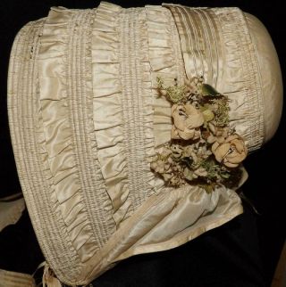 ORIG ANTIQUE 1850 1860 CIVIL WAR BRIDAL DRESS GOWN BONNET HAT W FLOWERS 7