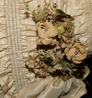 ORIG ANTIQUE 1850 1860 CIVIL WAR BRIDAL DRESS GOWN BONNET HAT W FLOWERS 8
