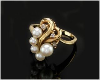 Vintage 14k Yellow Gold Diamond & Pearls As A Bunch Of Grapes T&g Ring,  Sz 5.  75