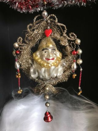 Antique German Mercury Czech Glass Bead/wire Tinsel/angel Hair Clown.  Lrg,  Rare
