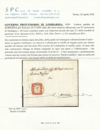 LOMBARDY ITALY RARE SORESINA CDS cover 1859 certificate CAT 16200 3