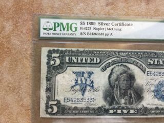 1899 $5 SILVER CERTIFICATE CERTIFIED PMG VF - 20 INDIAN CHIEF RARE OLD PAPER MONEY 2